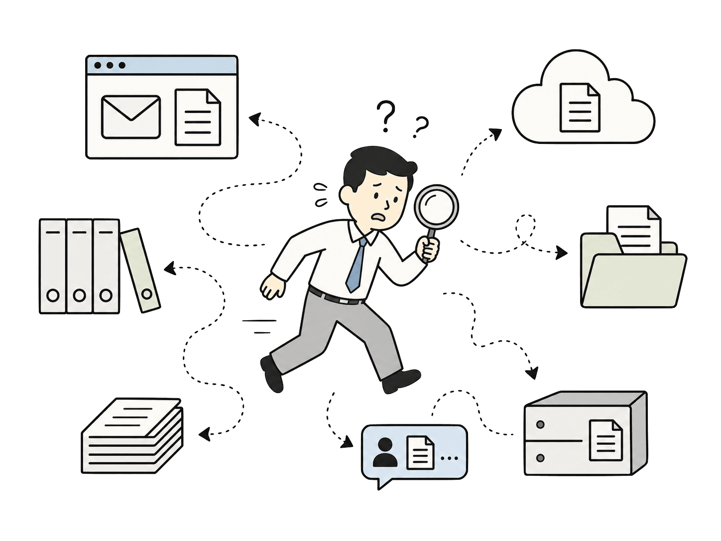 部門やシステムごとに散らばった証跡を、虚眼鏡を手に探し回る担当者のイラスト
