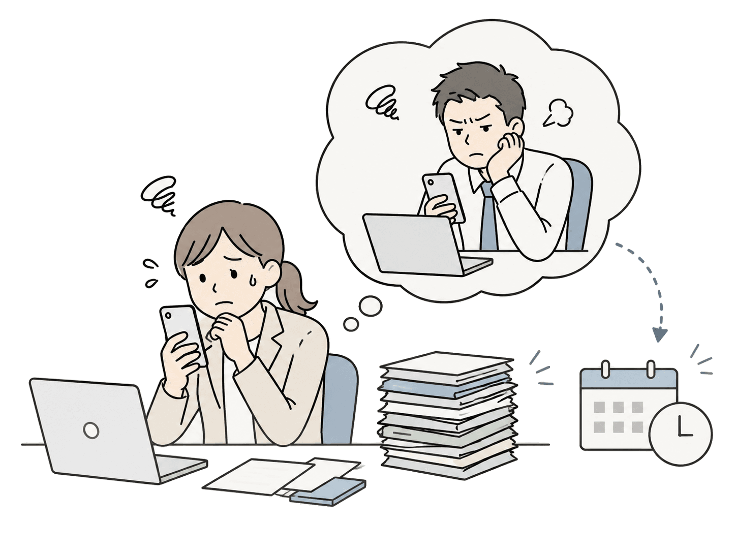 忙しい現場の担当者を思い浮かべ、催促の連絡をためらう担当者のイラスト