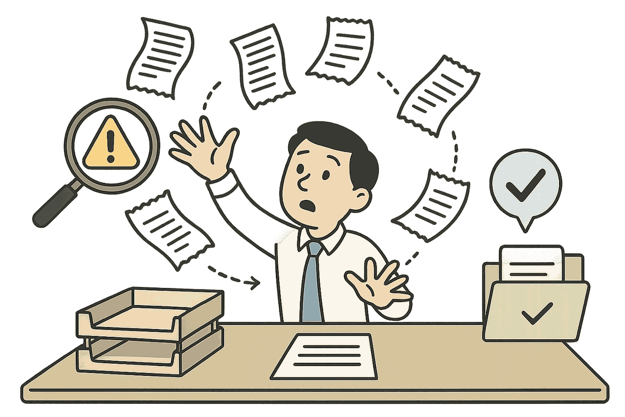 散らばる領収書を経理担当者が集めて確認する様子のイラスト