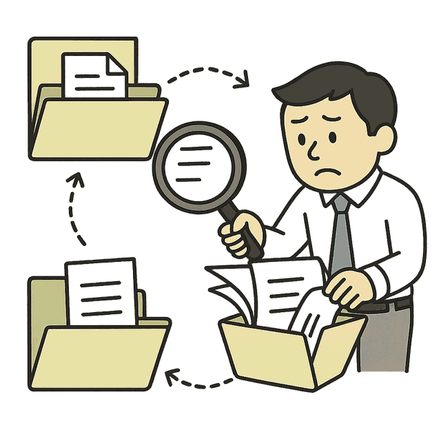 同じ書類を二度探し直す様子のイラスト