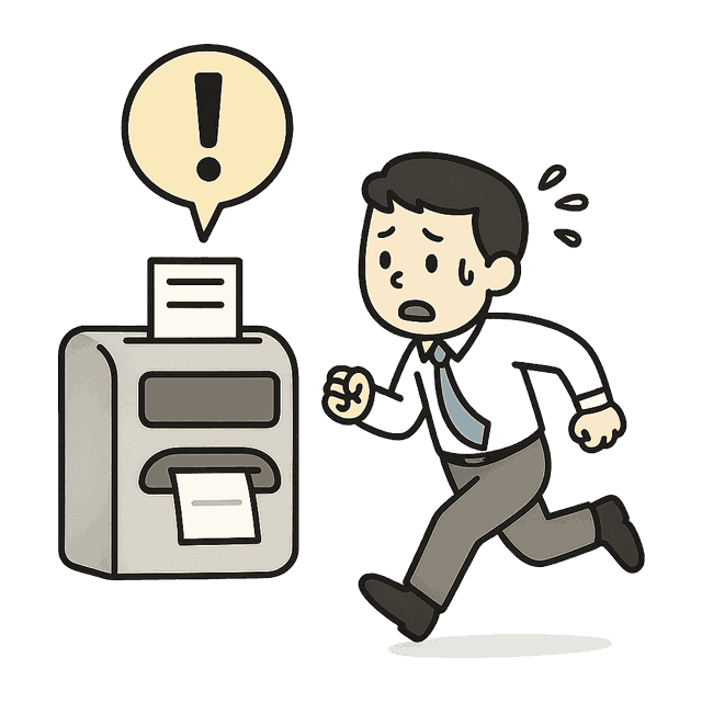 打刻機へ駆け込む社員と打刻漏れの警告のイラスト