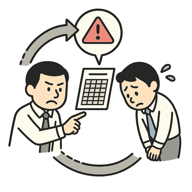 不備のある勤怠表が差し戻される様子のイラスト
