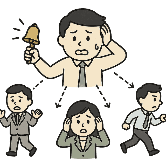 一人の担当者が複数の社員へ催促する様子のイラスト