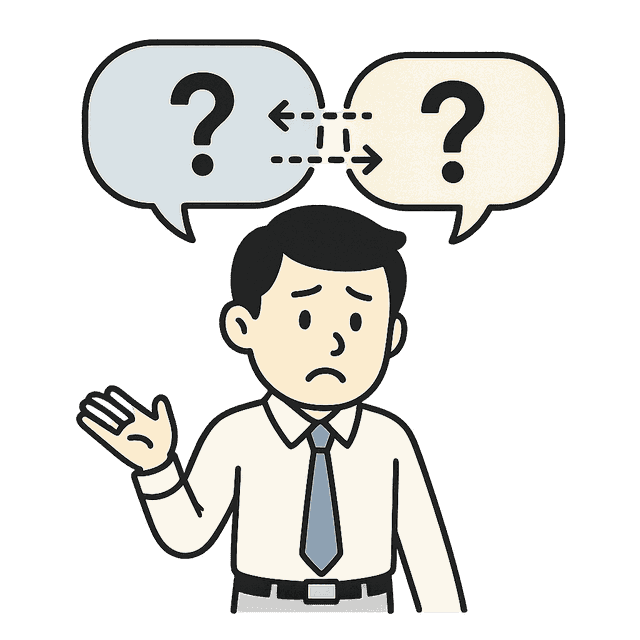 質問の吹き出しが行き来し、聞き直しが続く様子のイラスト