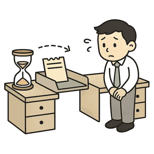取次ぎ先で書類が止まり、待たされる様子のイラスト