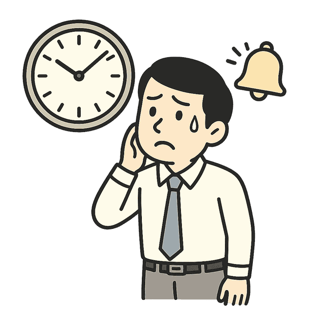 時計とベルを前に、催促に追われる様子のイラスト